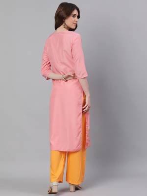 Pink Abstract Print Straight Silk Blend Kurta With Palazzo Set 3
