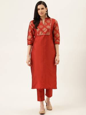 Red Gold Print Kurta With Pant 1