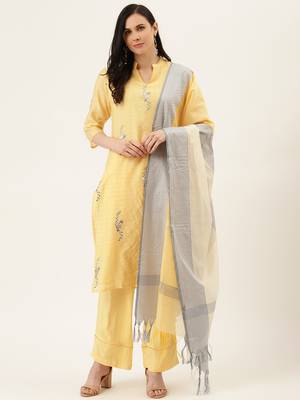 Yellow Self Checks  Kurta With Palazzo And Dupatta 1