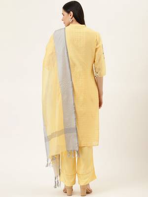 Yellow Self Checks  Kurta With Palazzo And Dupatta 3