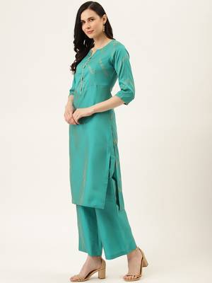 Sea Green Gold Print Kurta With Palazzo 2