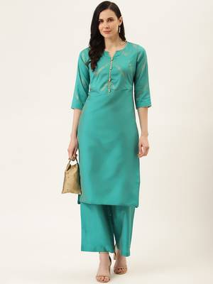 Sea Green Gold Print Kurta With Palazzo 4