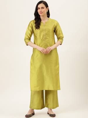 Lime Green Gold Print Kurta With Palazzo 1