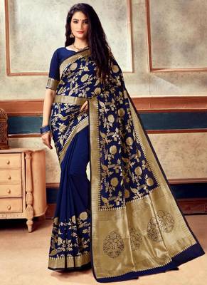 Navy Blue Banarasi Silk Jacquard Work Designer Saree 1