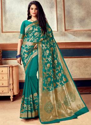 Turquoise Banarasi Silk Jacquard Work Designer Saree 1
