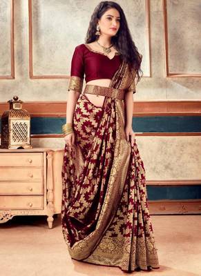 Maroon Banarasi Silk With Jari Work Designer Saree 1