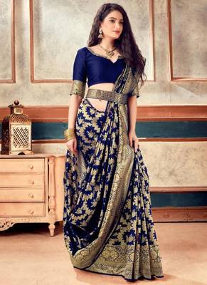 Navy Blue Banarasi Silk With Jari Work Designer Saree 1