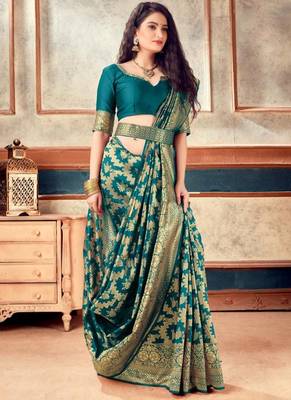 Turquoise Banarasi Silk With Jari Work Designer Saree 1