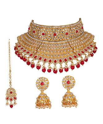 Red gold plated Yellow Gold Alloy   Necklace   Pair Earring   Maangtika 1