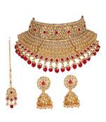 Red gold plated Yellow Gold Alloy   Necklace   Pair Earring   Maangtika