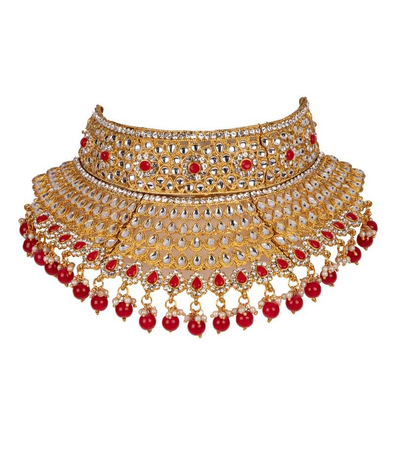 Red gold plated Yellow Gold Alloy   Necklace   Pair Earring   Maangtika