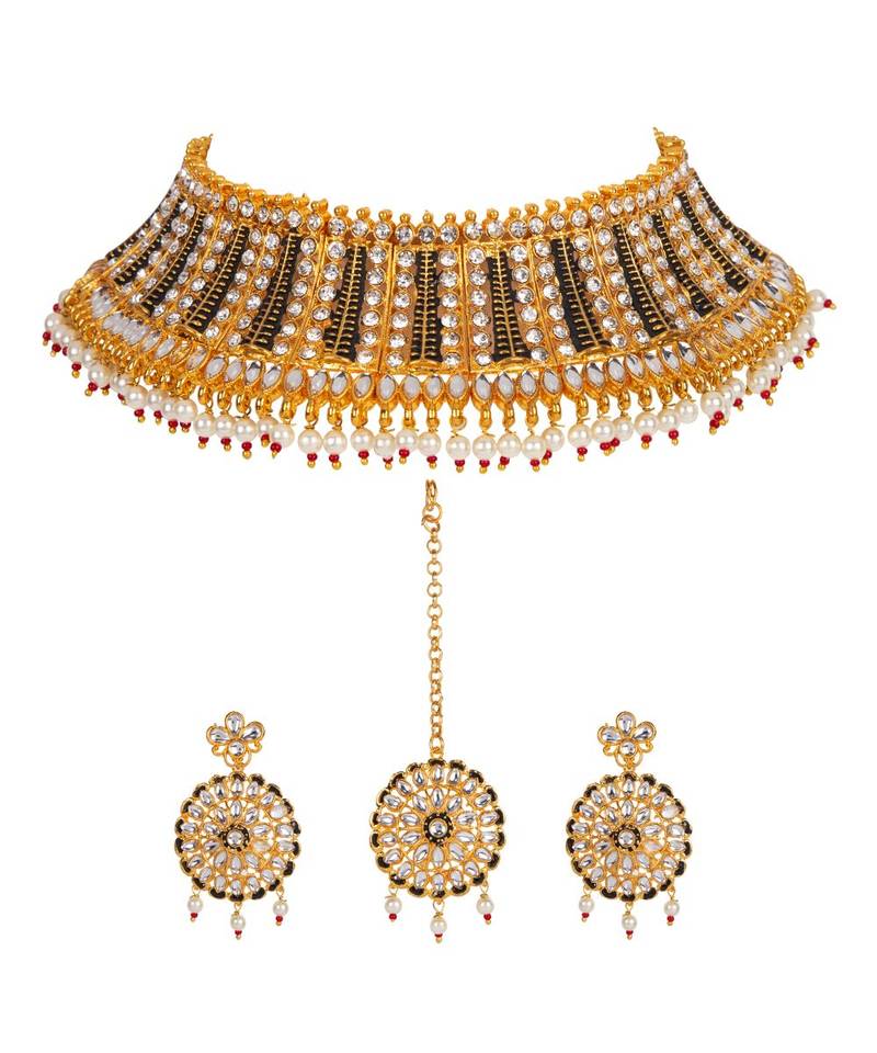 Black gold plated Yellow Gold Alloy   Necklace   Pair Earring   Maangtika