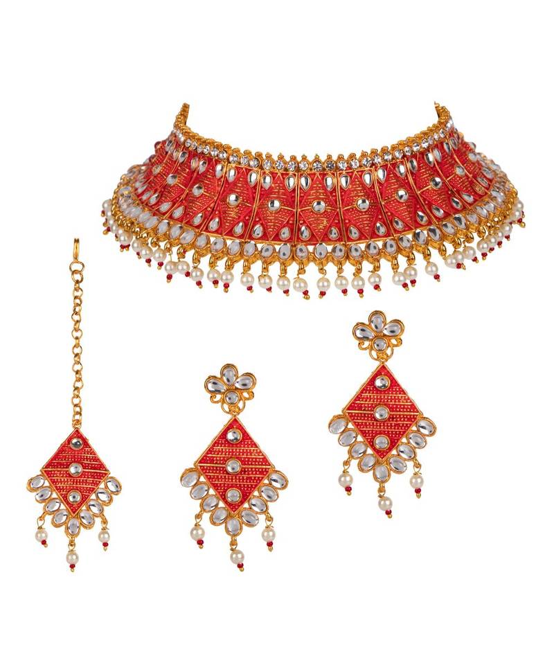 Red gold plated Yellow Gold Alloy   Necklace   Pair Earring   Maangtika