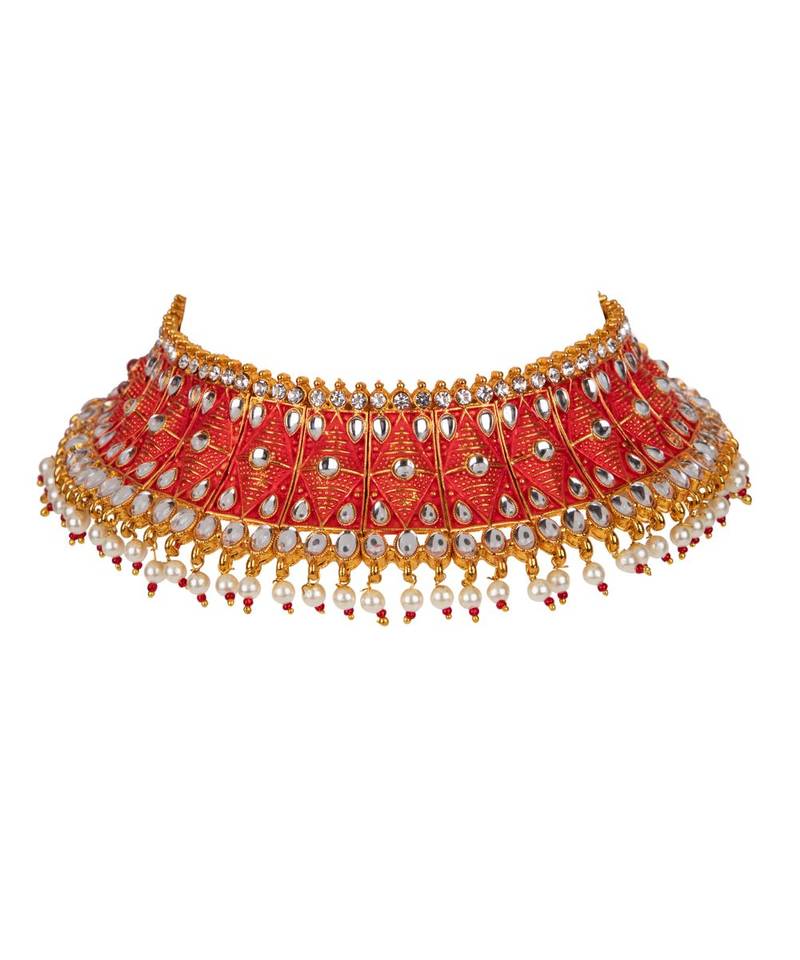 Red gold plated Yellow Gold Alloy   Necklace   Pair Earring   Maangtika
