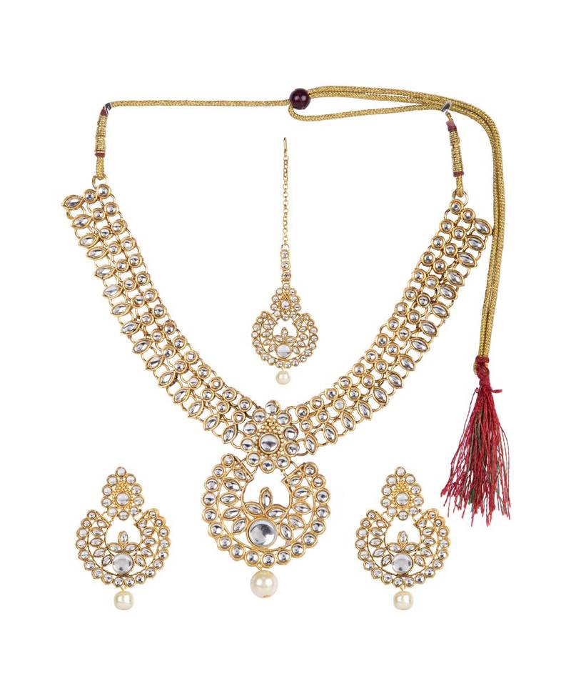 White gold plated Yellow Gold Alloy   Necklace   Pair Earring   Maangtika