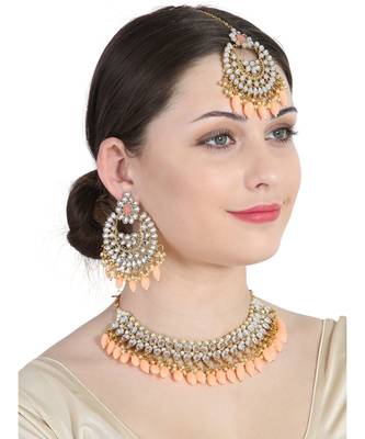 Orange gold plated Yellow Gold Alloy   Necklace   Pair Earring   Maangtika 1
