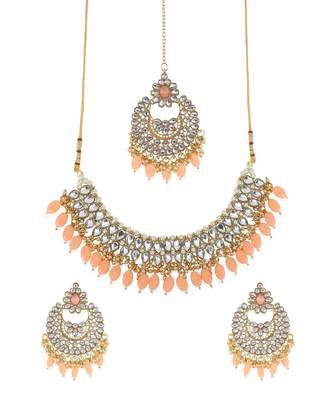 Orange gold plated Yellow Gold Alloy   Necklace   Pair Earring   Maangtika 2