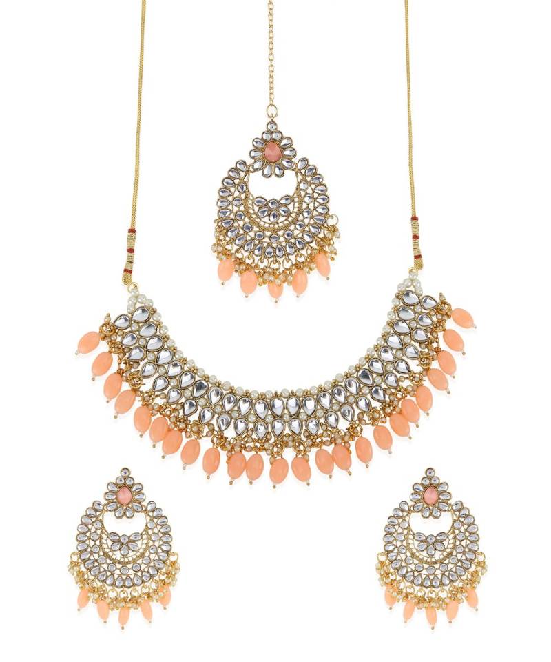 Orange gold plated Yellow Gold Alloy   Necklace   Pair Earring   Maangtika