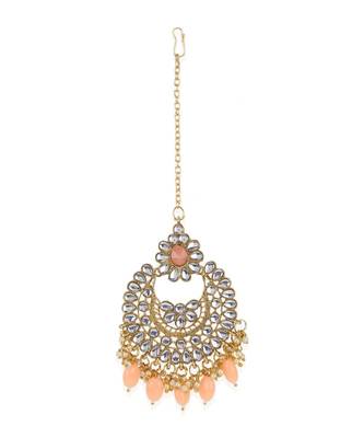 Orange gold plated Yellow Gold Alloy   Necklace   Pair Earring   Maangtika 3