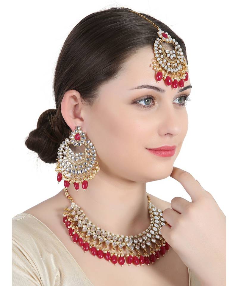 Red gold plated Yellow Gold Alloy   Necklace   Pair Earring   Maangtika