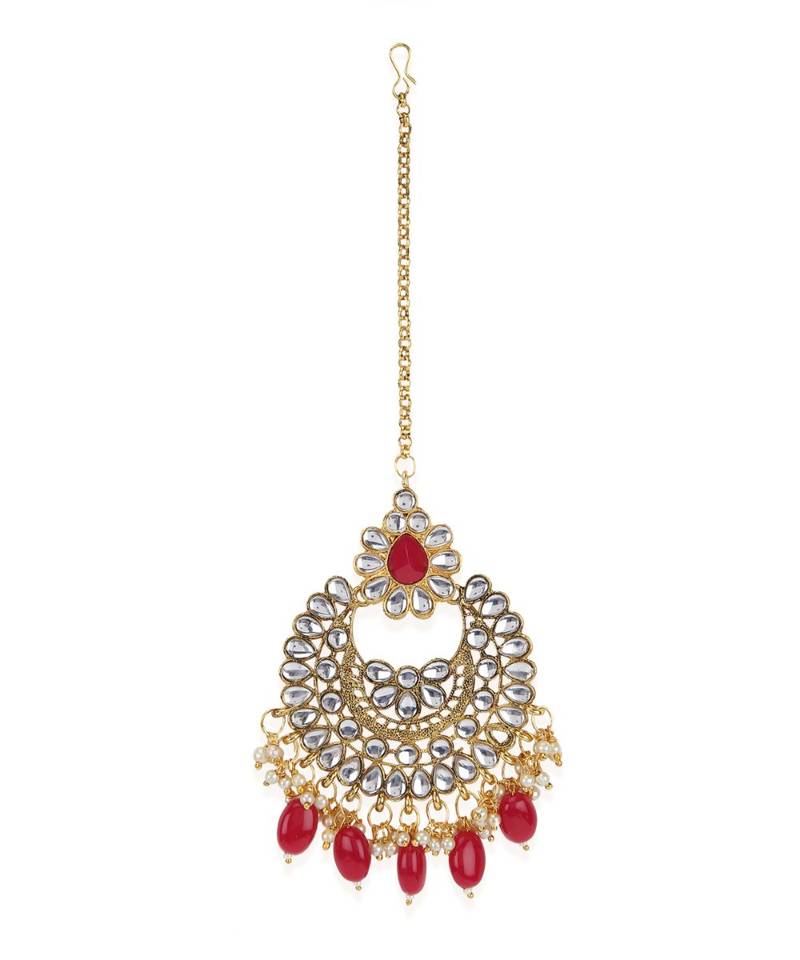 Red gold plated Yellow Gold Alloy   Necklace   Pair Earring   Maangtika