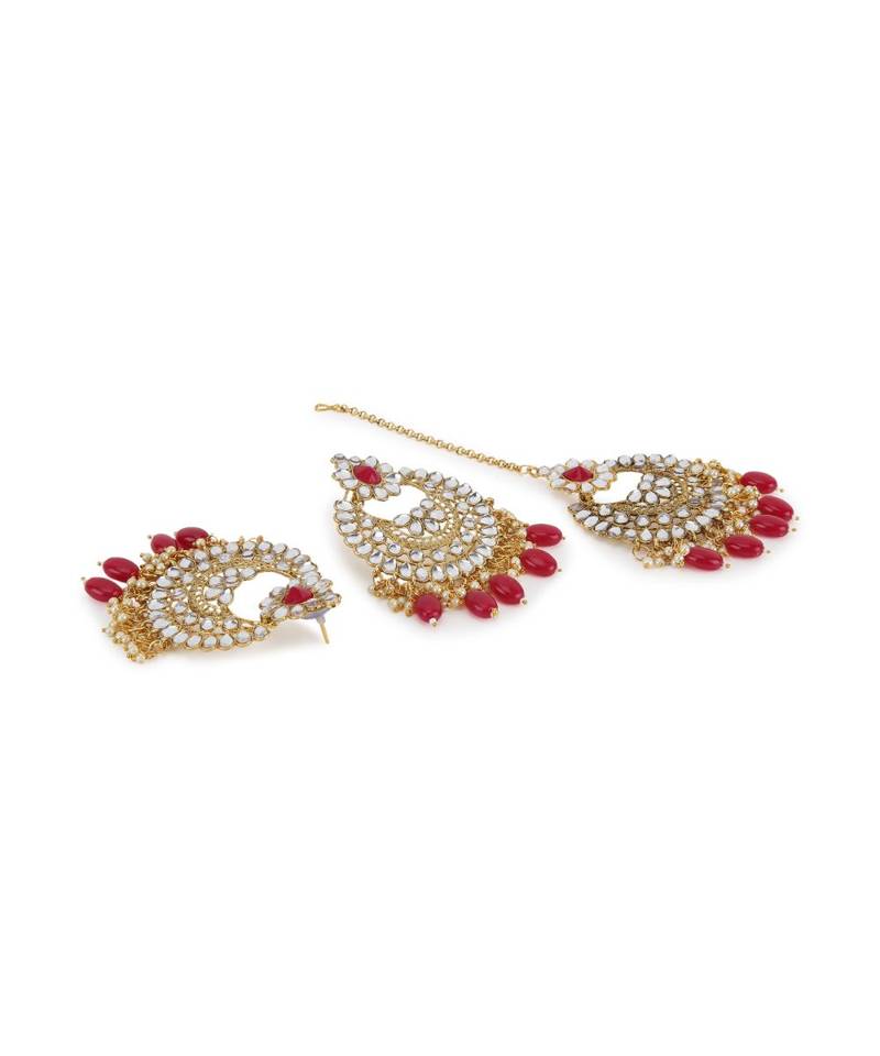 Red gold plated Yellow Gold Alloy   Necklace   Pair Earring   Maangtika