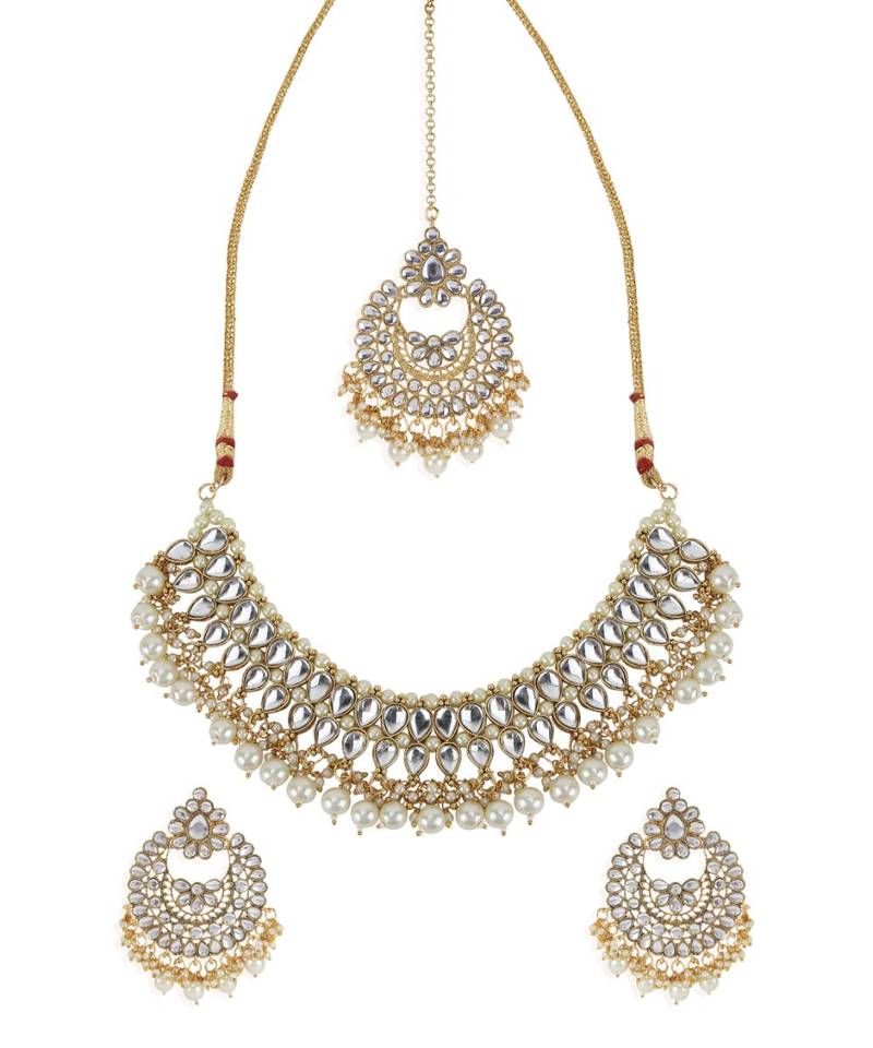 White gold plated Yellow Gold Alloy   Necklace   Pair Earring   Maangtika