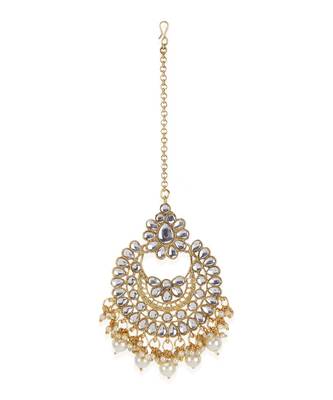 White gold plated Yellow Gold Alloy   Necklace   Pair Earring   Maangtika 3
