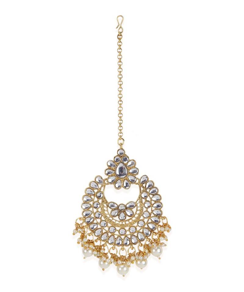 White gold plated Yellow Gold Alloy   Necklace   Pair Earring   Maangtika