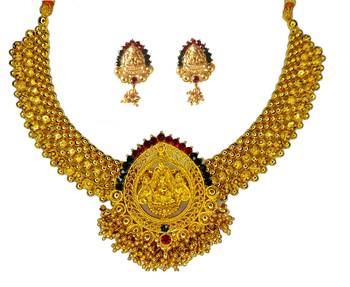kolhapuri gold plated laxmi pendal chappat pata necklace set  1