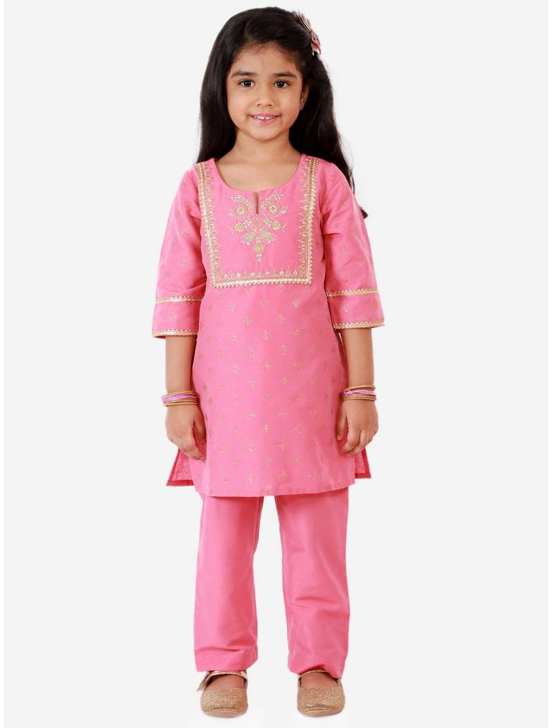 Pink embroidered polyester girls-top-bottom