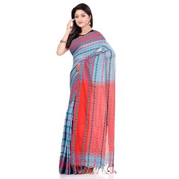 Blue hand woven pure cotton saree with blouse 1