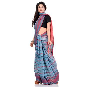 Blue hand woven pure cotton saree with blouse 3