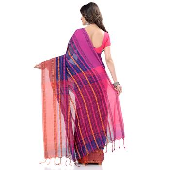   dark blue hand woven pure cotton saree with blouse 3