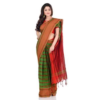Green hand woven pure cotton saree with blouse 1