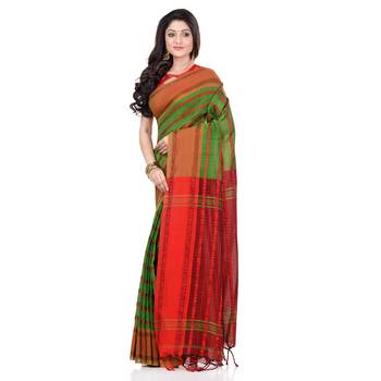 Green hand woven pure cotton saree with blouse 3