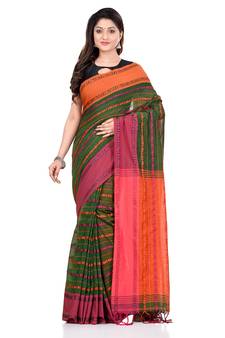 Orange hand woven pure cotton saree with blouse