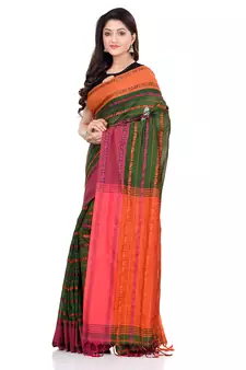 Orange hand woven pure cotton saree with blouse