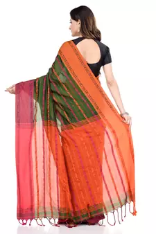 Orange hand woven pure cotton saree with blouse