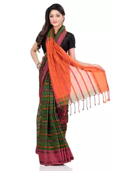 Orange hand woven pure cotton saree with blouse