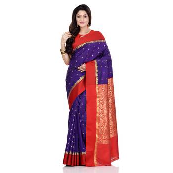   dark blue hand woven kanchipuram silk saree with blouse 1