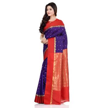   dark blue hand woven kanchipuram silk saree with blouse 2