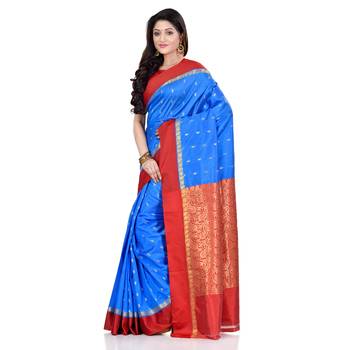   sky blue hand woven kanchipuram silk saree with blouse 2