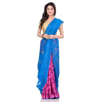 Blue Hand Woven Cotton Saree Without Blouse 1