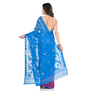 Blue Hand Woven Cotton Saree Without Blouse 3