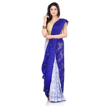 Blue Hand Woven Cotton Saree Without Blouse 1