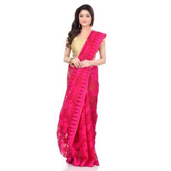 Dark Pink Hand Woven Cotton Saree Without Blouse 1