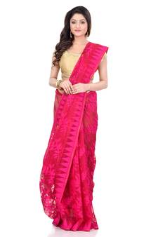 Dark Pink Hand Woven Cotton Saree Without Blouse
