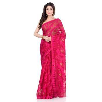Dark Pink Hand Woven Cotton Saree Without Blouse 5