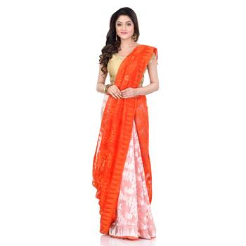 Orange Hand Woven Cotton Saree Without Blouse 1